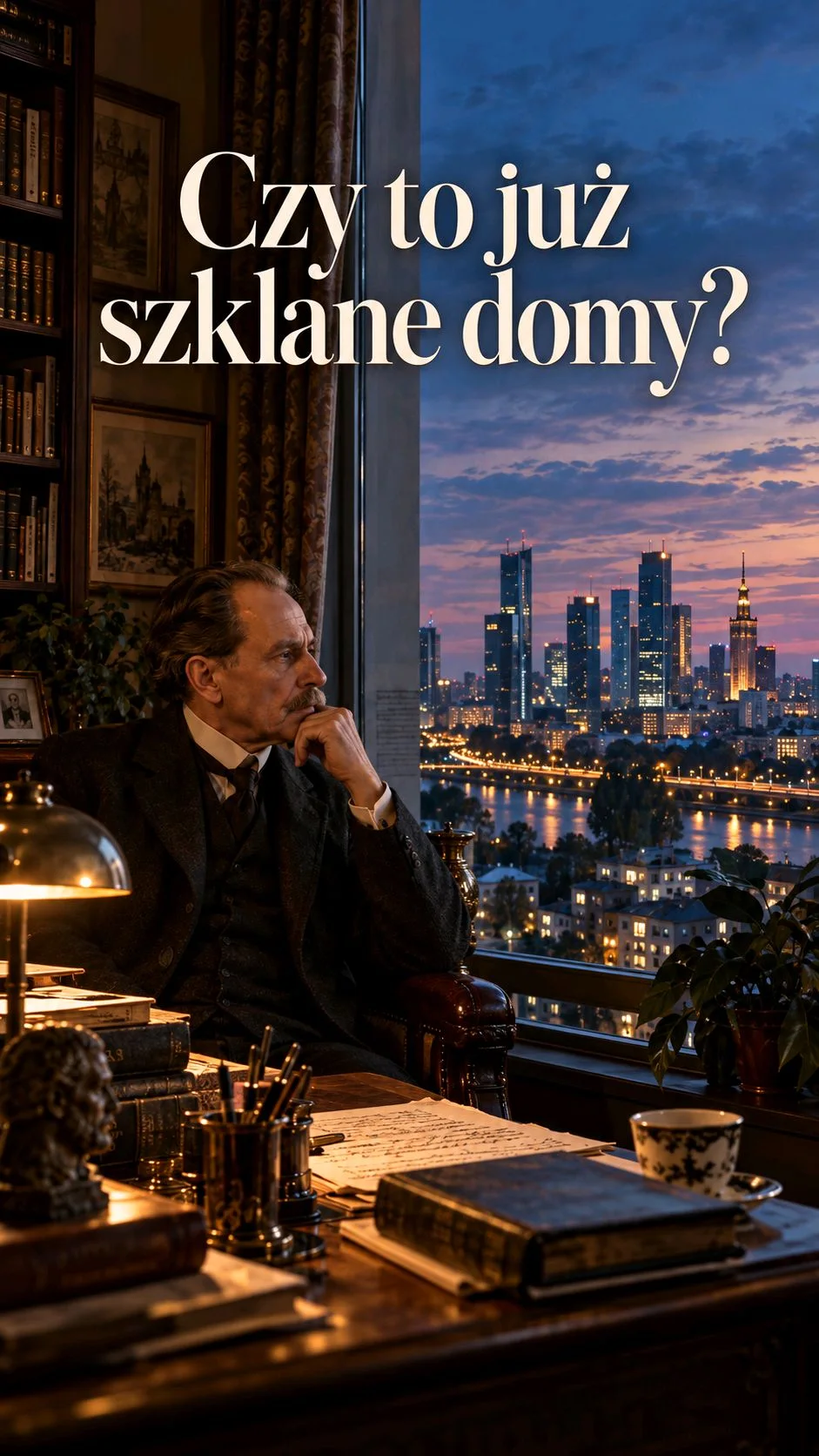 Seweryn Baryka przy zabytkowym biurku patrzy przez okno na nowoczesną Warszawę o zmierzchu – napis Czy to już szklane domy?